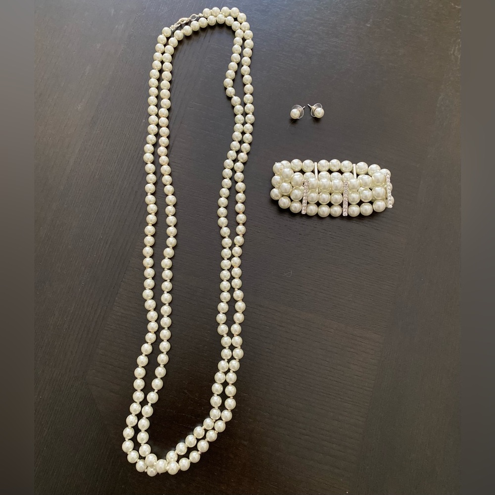 Faux Pearls Set of 3. 
Long Necklace, Bracelet and Stud Earrings. Off White.